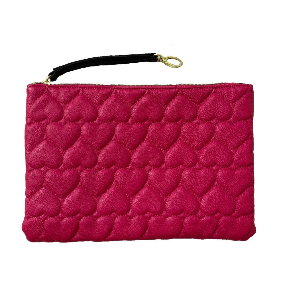 Pink Quilted Heart Wristlet Clutch Purse Floral Lining Gold Zip Detachable Strap